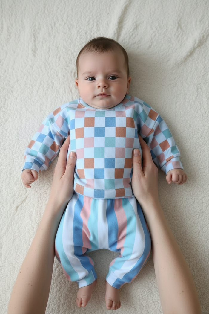 Baby wearing a checkered outfit lying on a white blanket