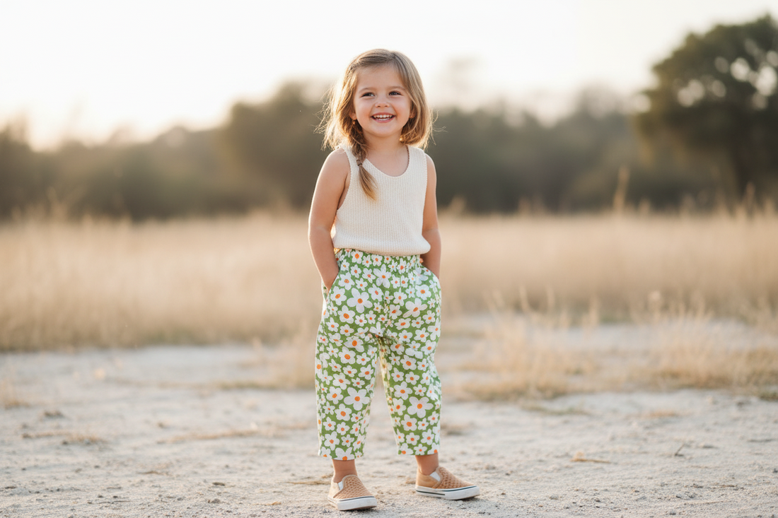 Child wearing green floral barrel leg pants – handmade kids' trousers | Snazzy Sproglets