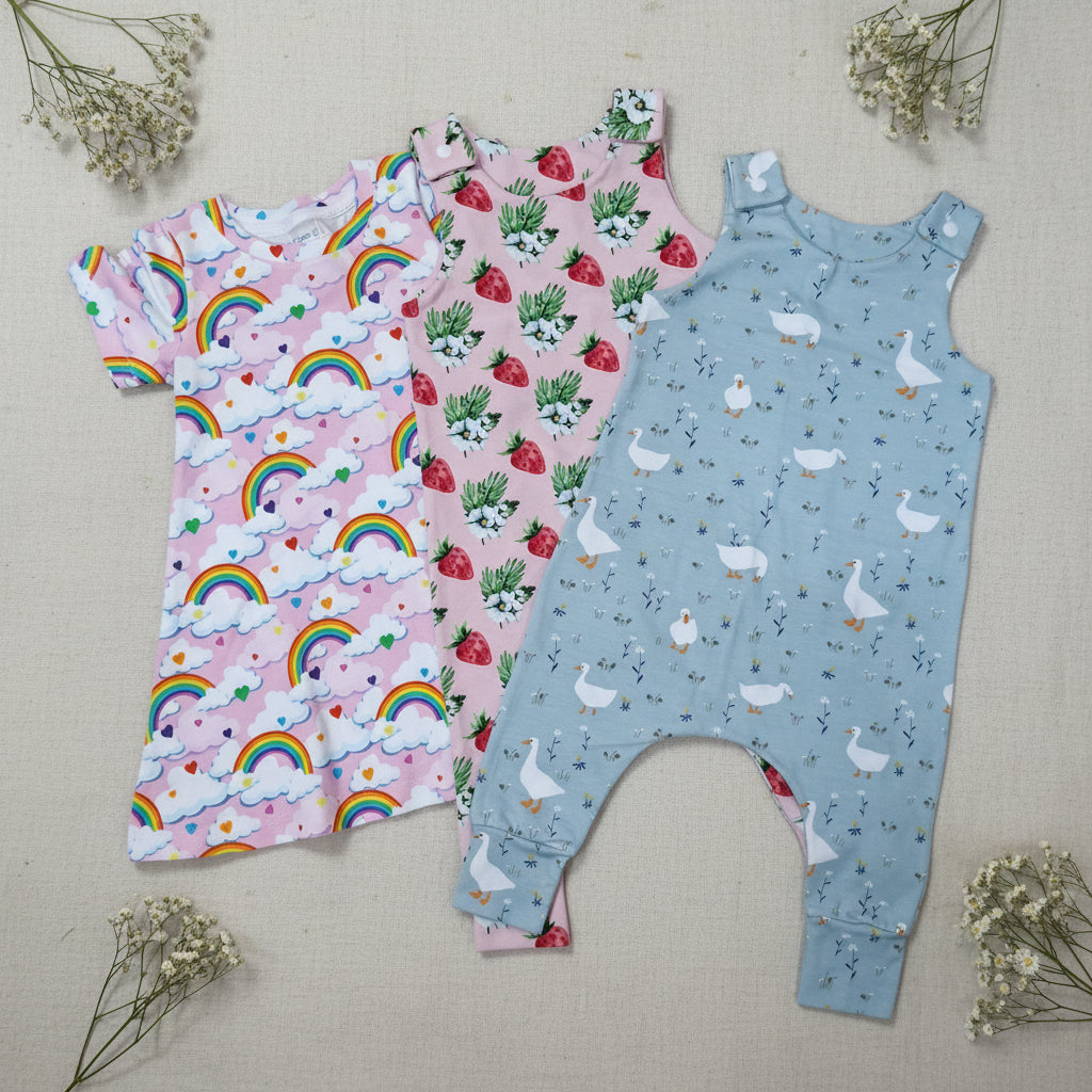 Flatlay of handmade children's clothing in rainbow, strawberry and goose prints – made-to-order kids' clothing | Snazzy Sproglets