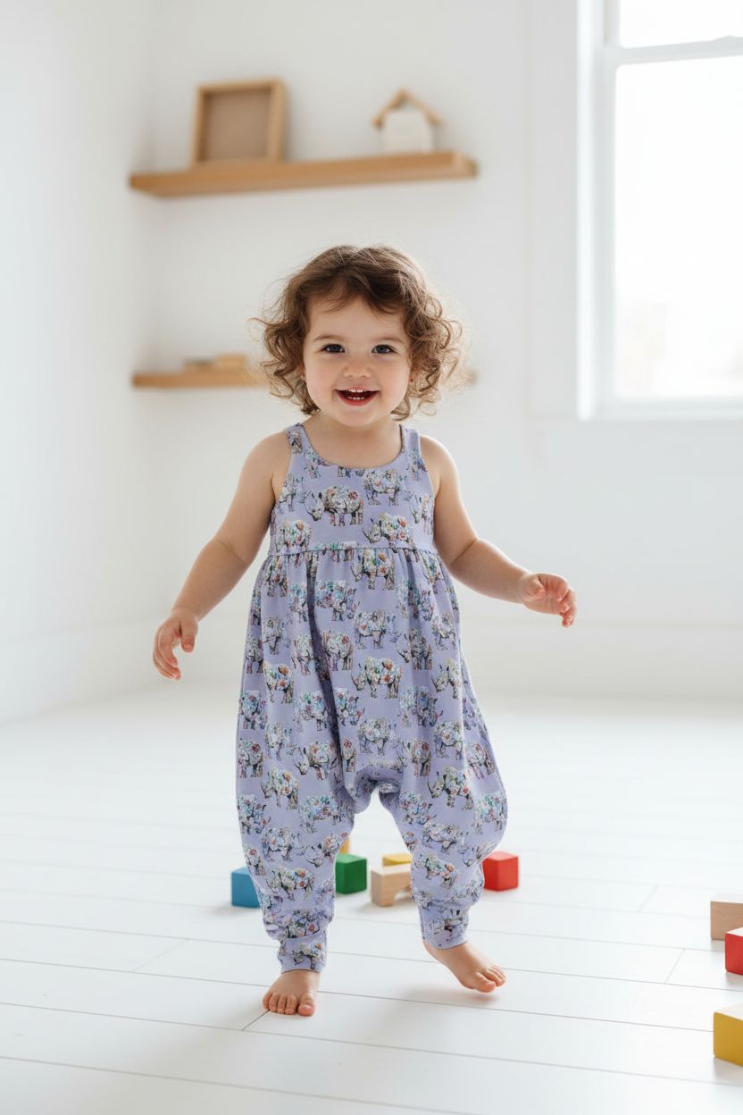 andmade children's romper in rhino print – made-to-order kids' clothing | Snazzy Sproglets