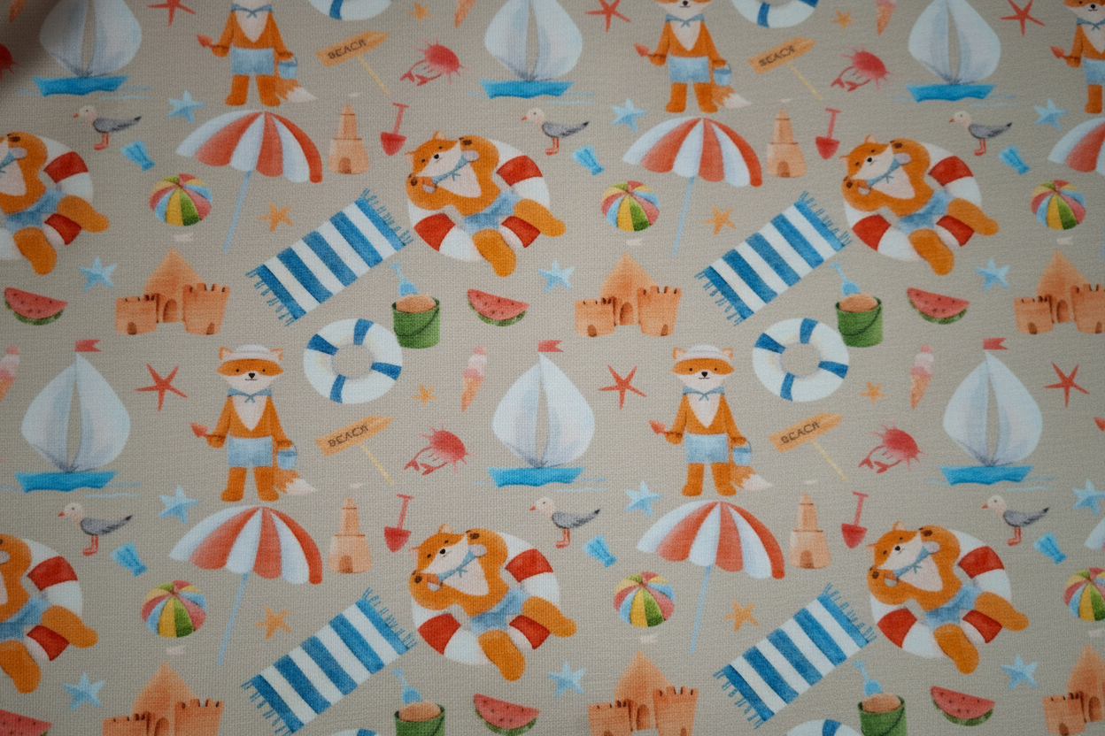 Patterned fabric with cartoon characters, boats, and beach items on a beige background