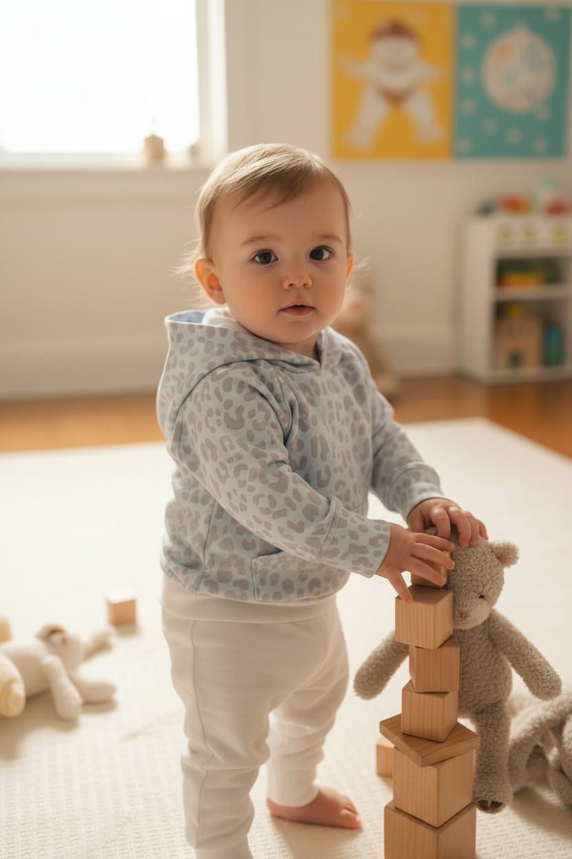 A baby toddler stands barefoot on a light cream play mat in a bright nursery, wearing a light  leopard-print hooded sweatshirt and white pants while stacking wooden blocks next to a gray stuffed teddy bear.