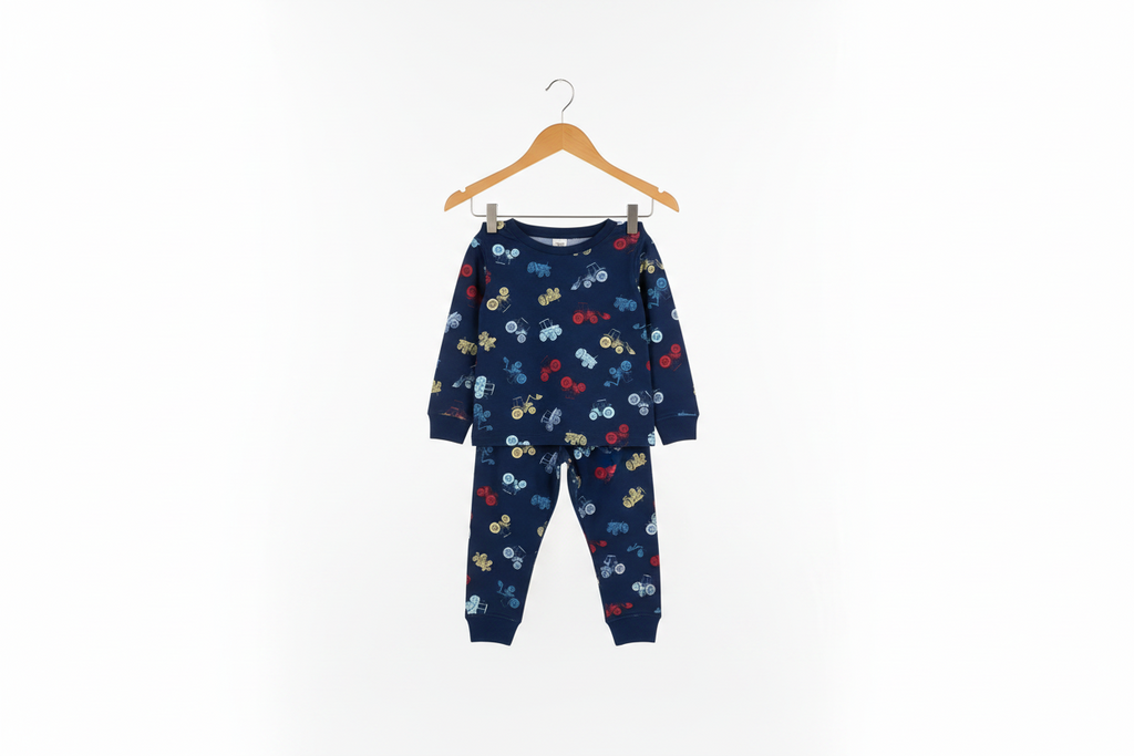 A two-piece children's pajama set hanging on a wooden hanger against a plain white background. The set consists of a long-sleeve top and matching pants in navy blue, covered in a playful print of small cars in red, yellow, and light blue.