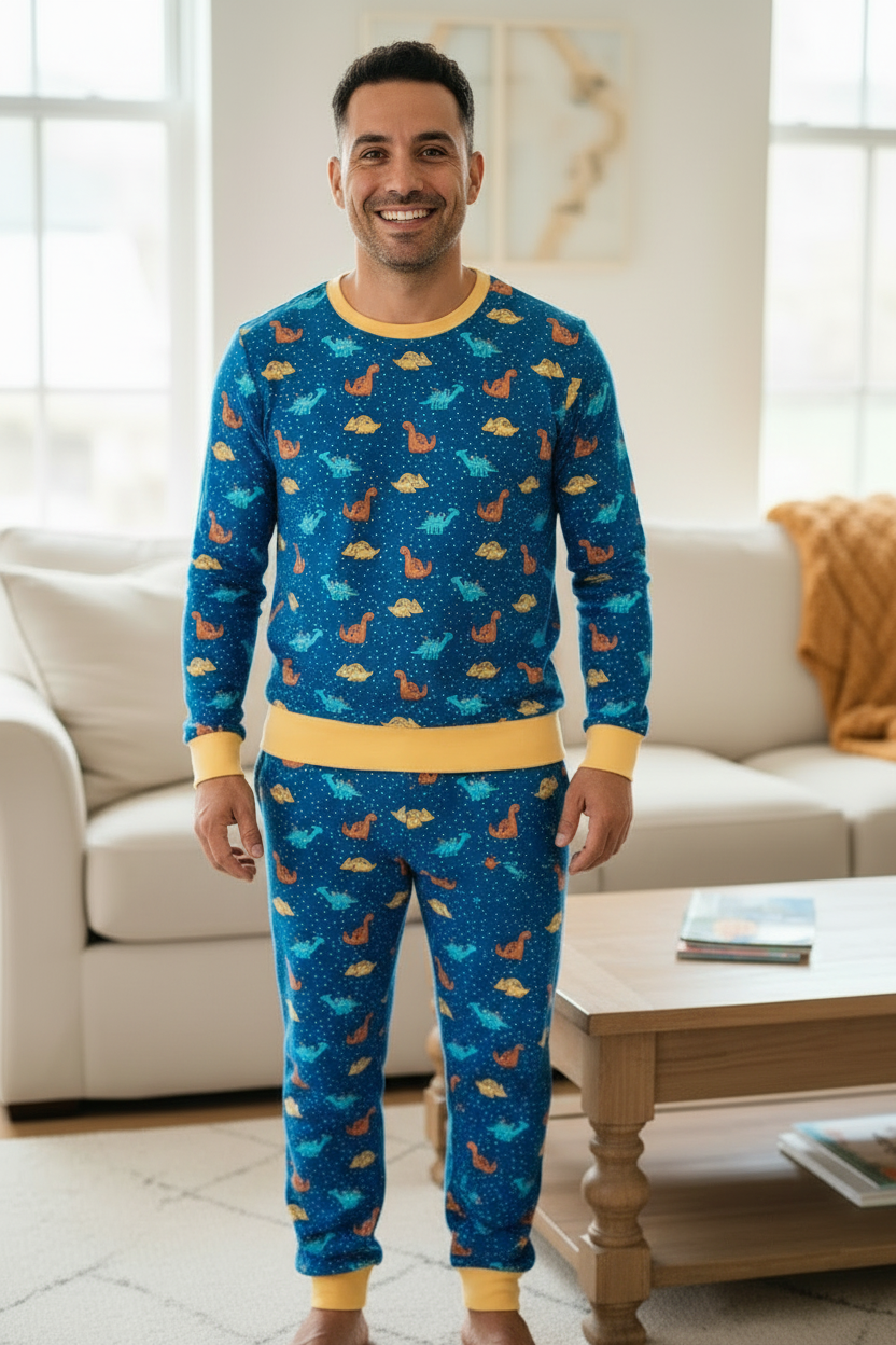 Adult Dinosaur Loungewear Set – Royal Blue & Yellow