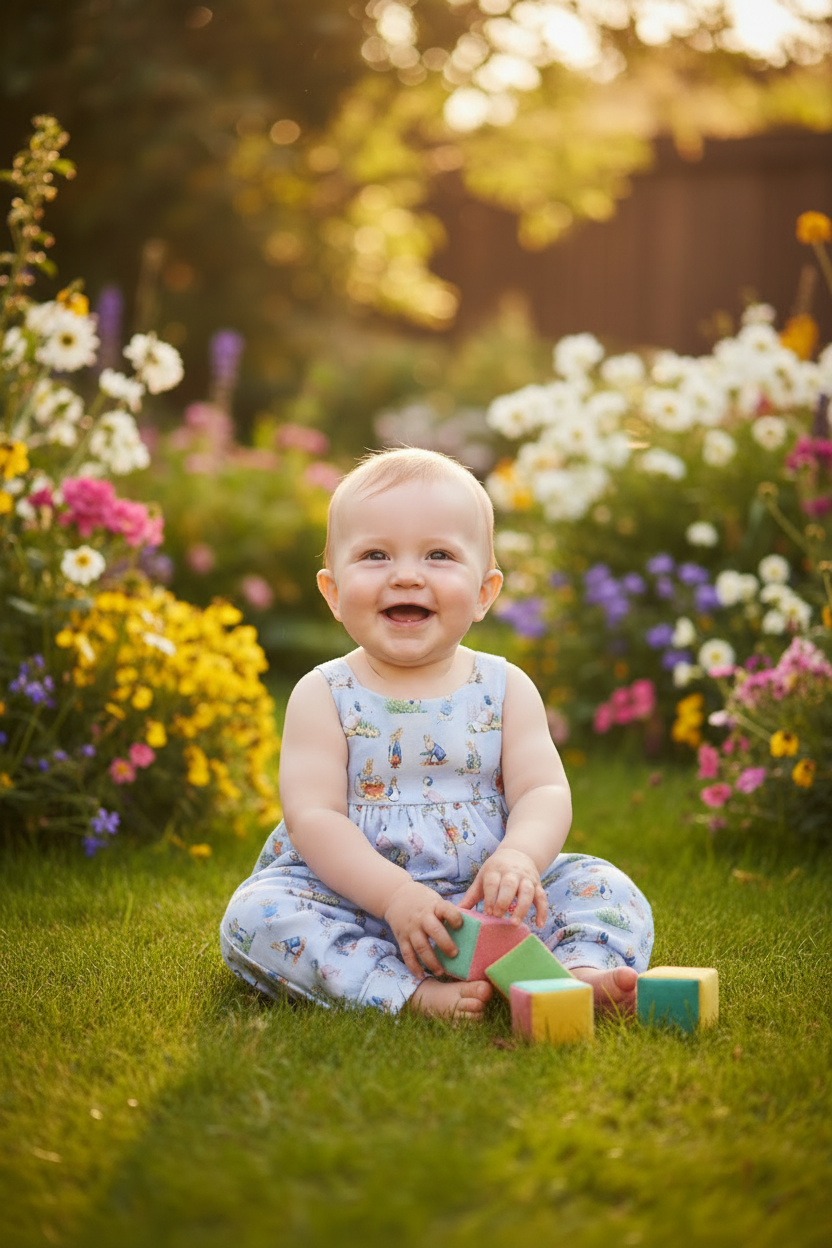 Children's overalls with a colorful pattern on a white background