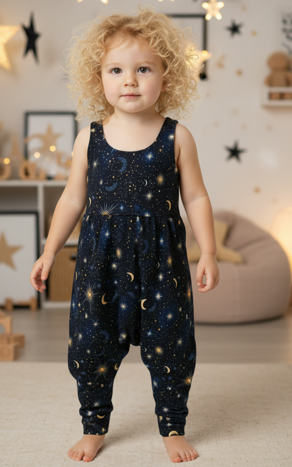 Space-themed overalls with stars and moons 