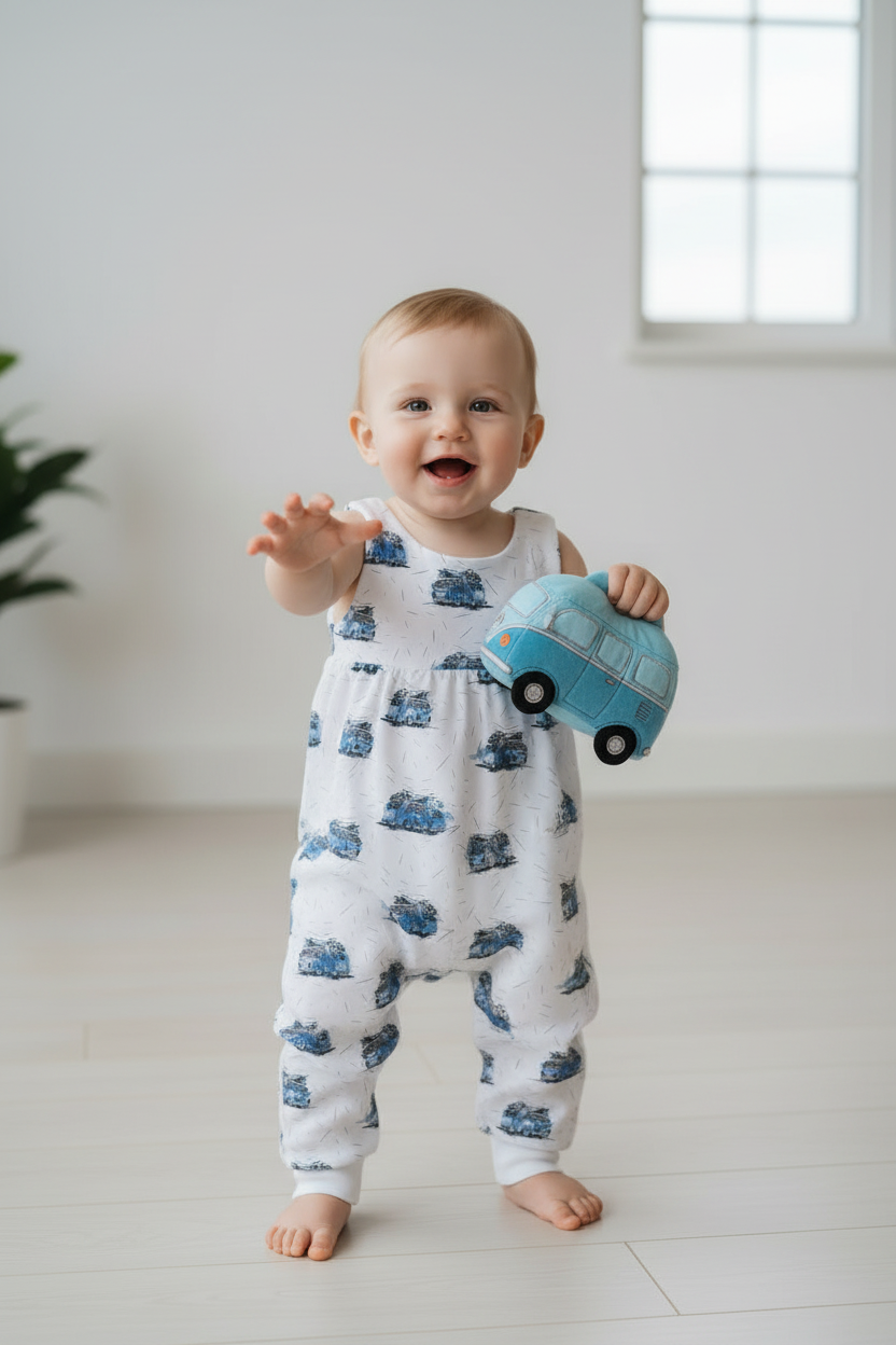 Kids camper vans boho romper – handmade baggy fit drop crotch | Snazzy Sproglets