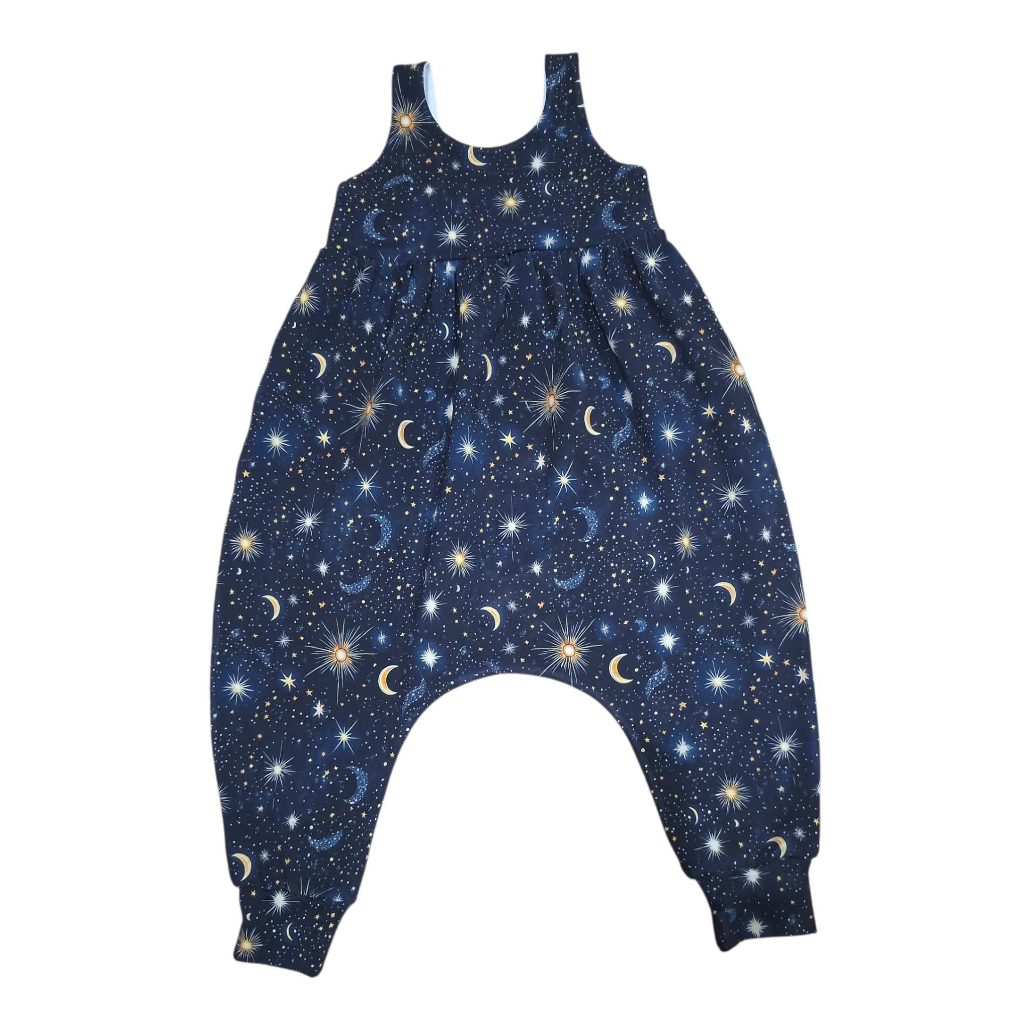 Children's romper with star and moon pattern on a white background