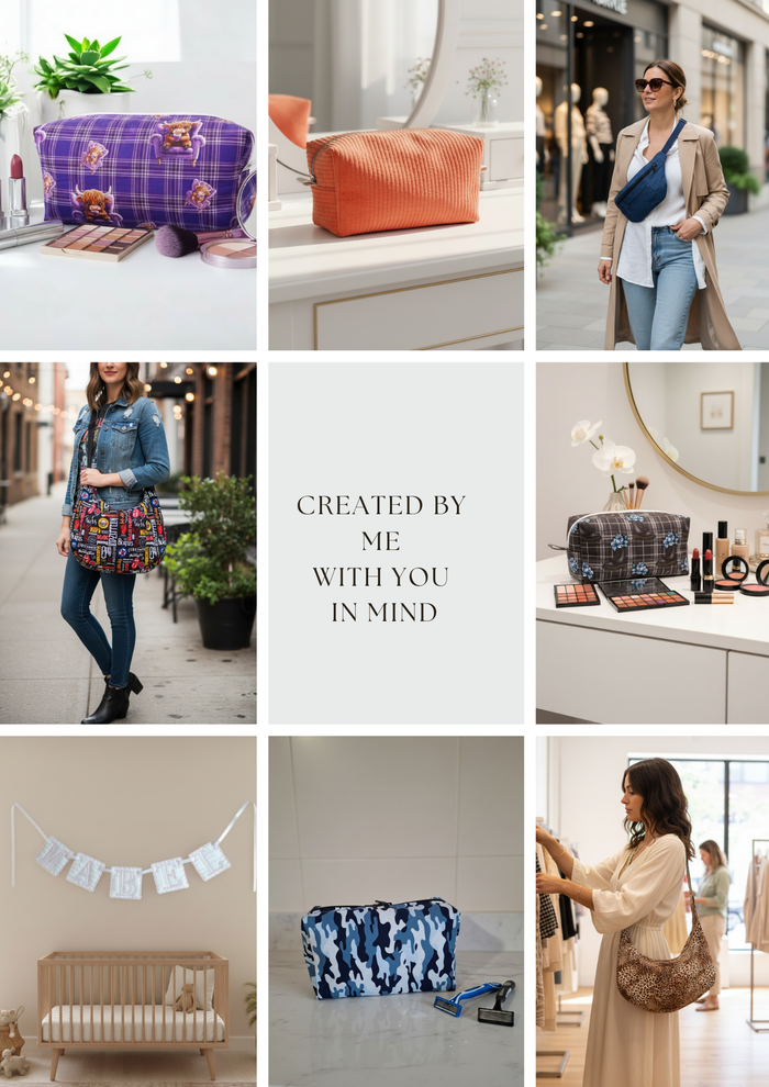 A 3x3 collage of lifestyle and product photos featuring various colorful cosmetic and travel pouches, with a central text panel reading 'CREATED BY ME WITH YOU IN MIND'.