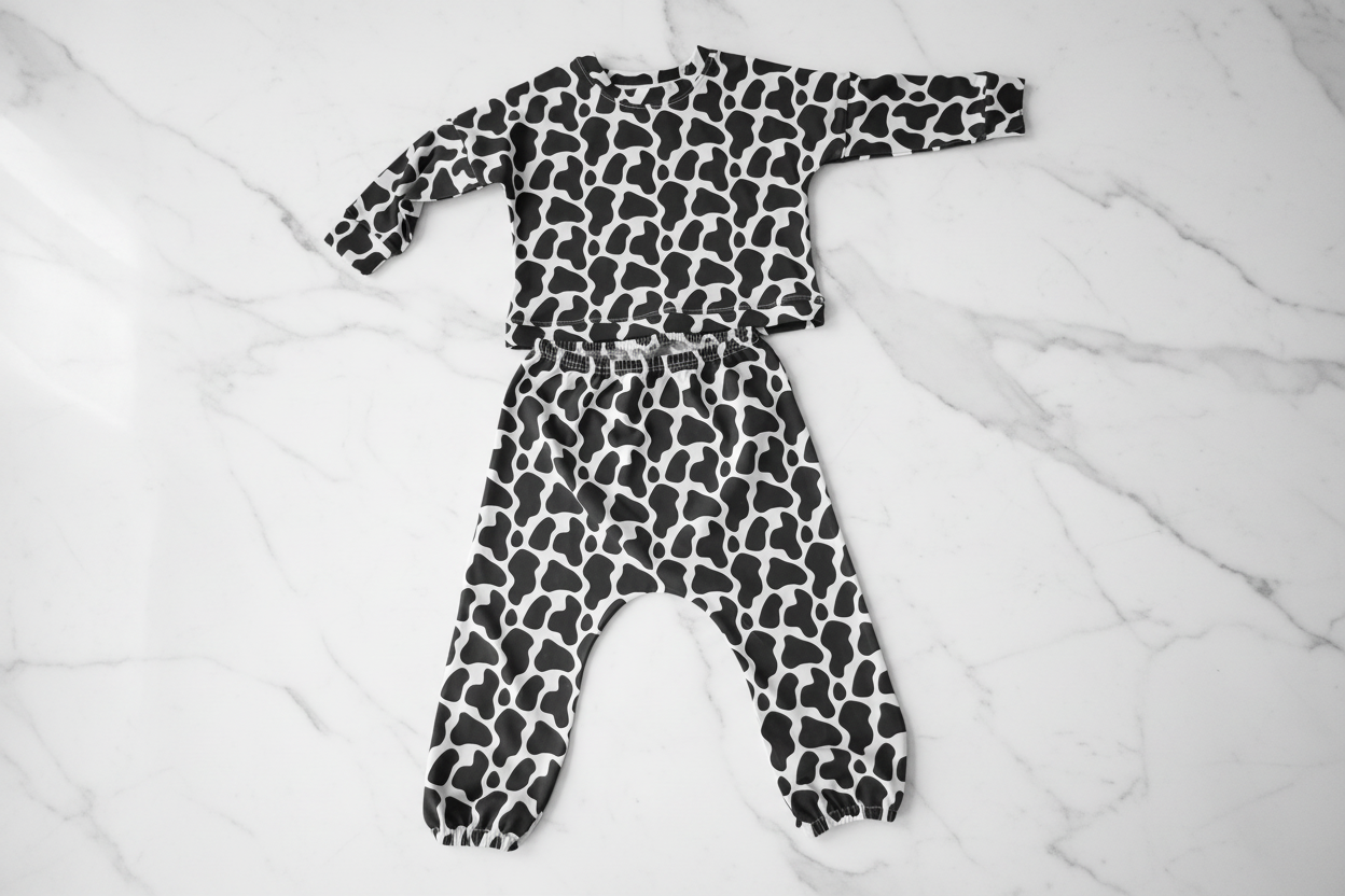 Children's outfit with black and white pattern on a white background