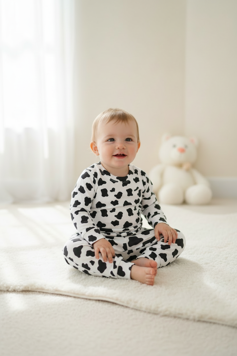 Baby wearing a black and white patterned two piece sitting on a white blanket.