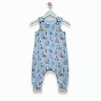 A baby romper in light blue fabric featuring an all-over print of Peter Rabbit characters, snazzy sproglets