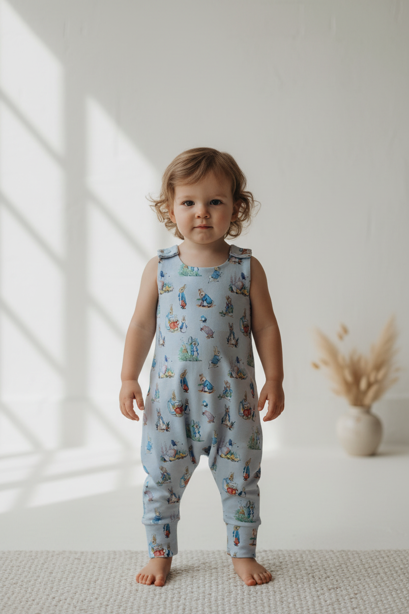 A toddler stands barefoot indoors wearing a light blue sleeveless one-piece outfit with an allover whimsical character print.snazzy sproglets
