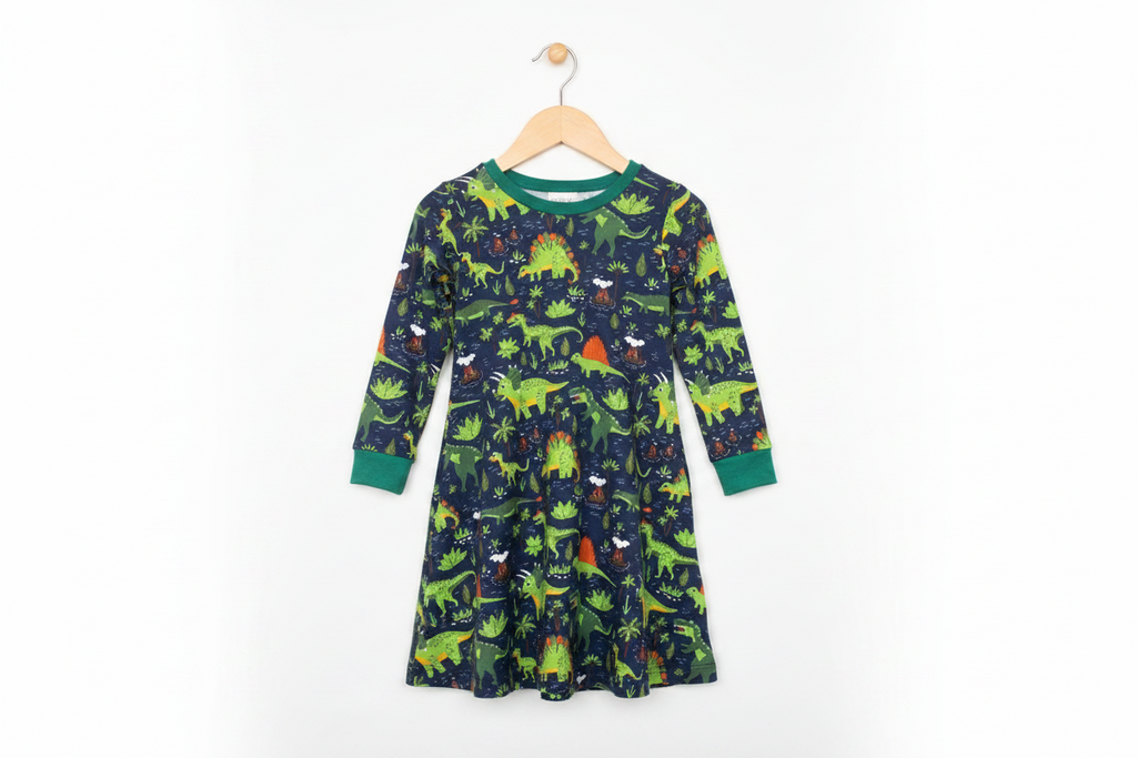 Child wearing a dinosaur-patterned nightgown standing on a tiled floor.