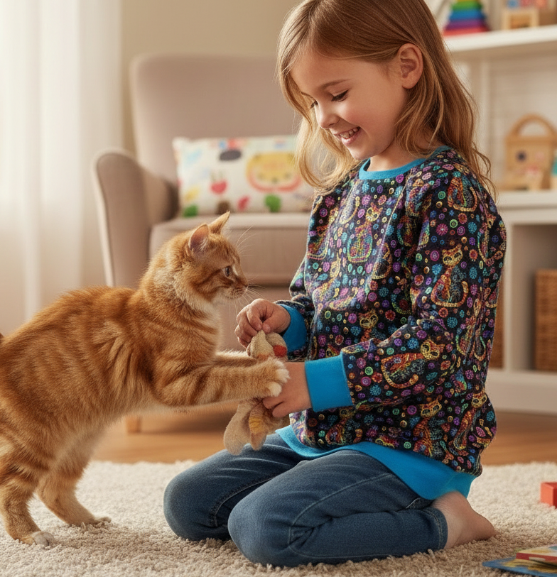 Child playing with a kitten on a carpeted floor in a home setting