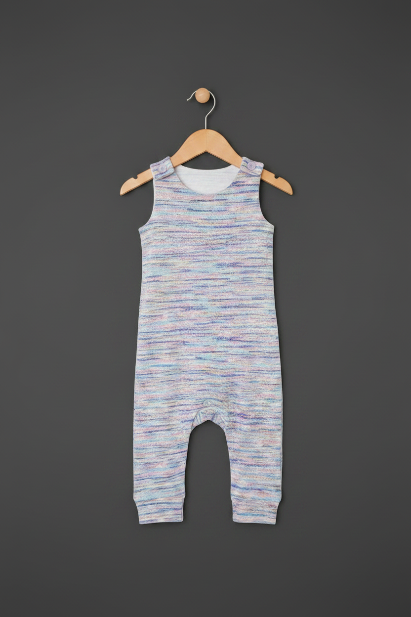 A sleeveless baby romper with a multicolor marled pattern of blue, purple, and pink on a white base, hanging on a wooden hanger against a dark gray background. Snazzy Sproglets