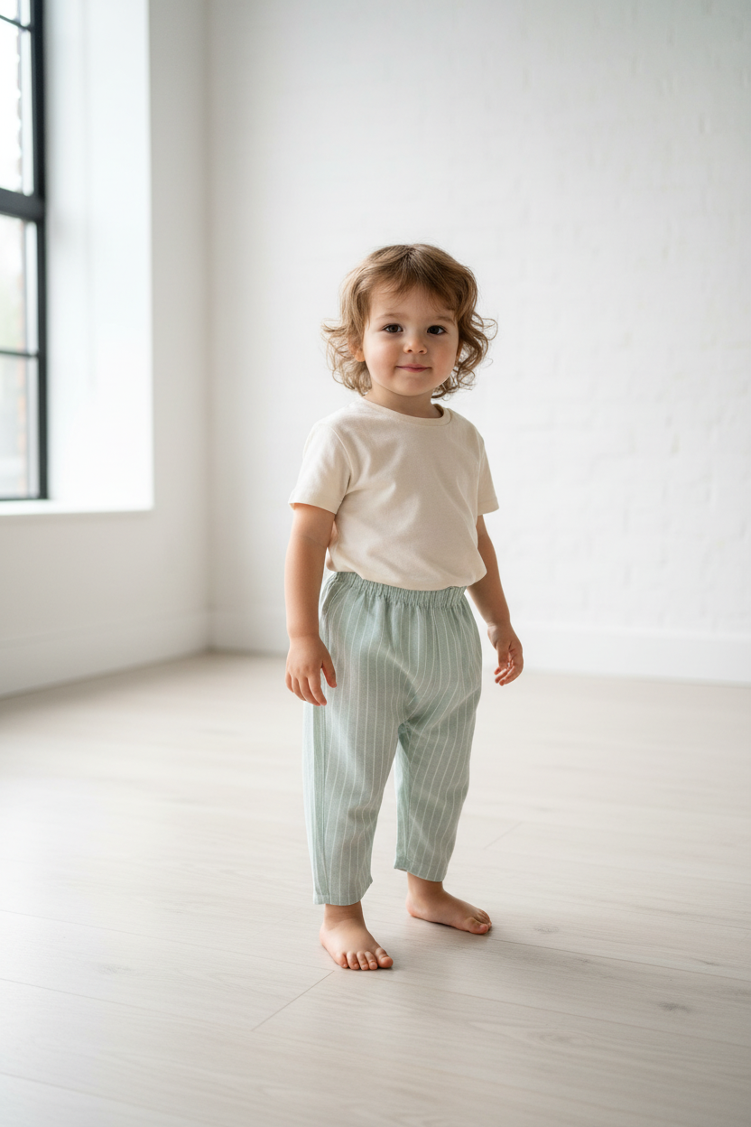 Kids Green & White Linen look Striped Ankle Length Barrel Leg Pants
