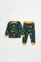 Kids green and yellow dinosaur loungewear set – handmade cotton jersey pyjamas | Snazzy Sproglets