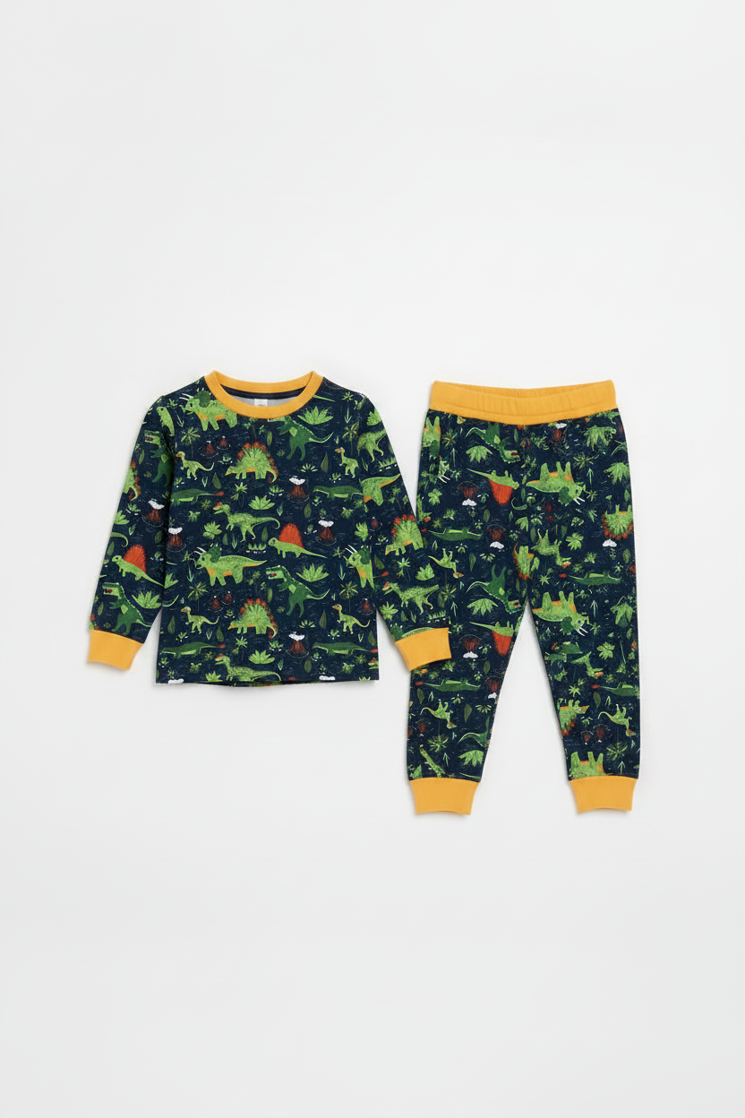 Kids green and yellow dinosaur loungewear set – handmade cotton jersey pyjamas | Snazzy Sproglets