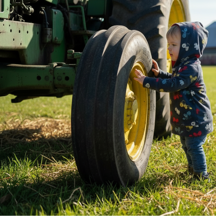 Child in a colorful jacket touching a large tractor tire on a grassy field.