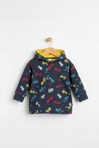 A navy blue children's hoodie with a colorful cherry and balloon print, featuring a bright yellow hood lining, hanging on a wooden hanger against a plain white background. Snazzy Sproglets