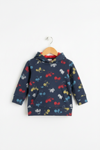 A navy blue children's pullover hoodie with a colorful cherry and butterfly print, hanging on a wooden hanger against a plain white background.