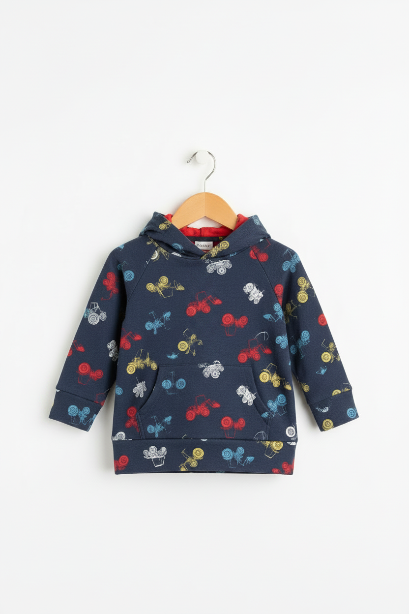 A navy blue children's pullover hoodie with a colorful cherry and butterfly print, hanging on a wooden hanger against a plain white background.