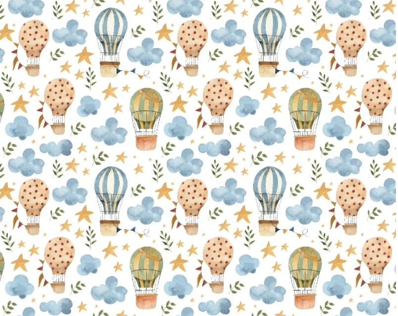 A repeating whimsical pattern of hot air balloons, blue clouds, and small stars on a white background, with the pattern cropped at the top and large empty white space below.