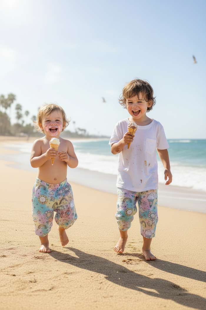 Two children on a beach holding ice cream cones, wearing colorful pants. Snazzy Sproglets