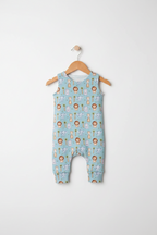 A light blue sleeveless baby romper with an all-over safari animal print, hanging on a wooden hanger against a plain white background. Snazzy Sproglets
