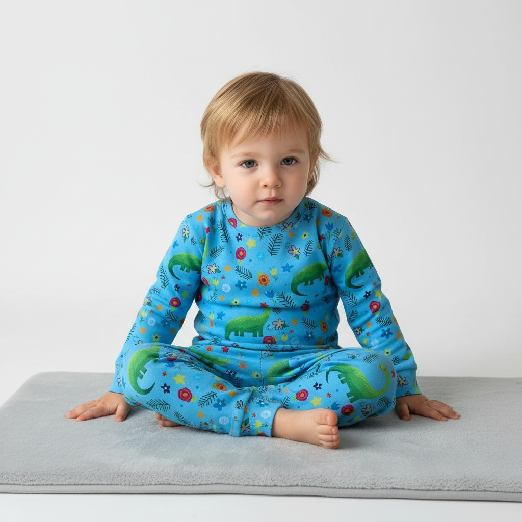 Child wearing a blue outfit with dinosaur and floral patterns on a light gray surface.