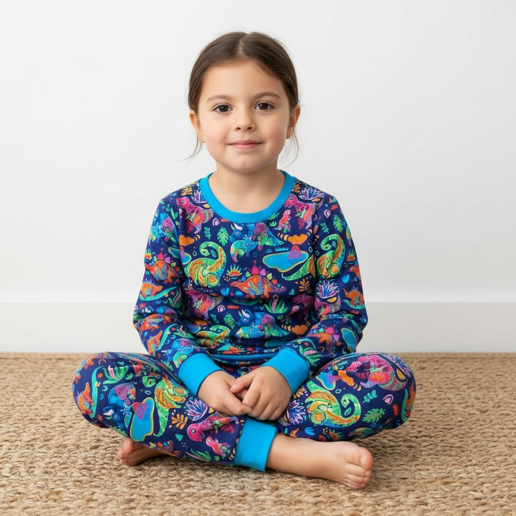 Child wearing colorful dinosaur pajamas sitting on a carpeted floor.