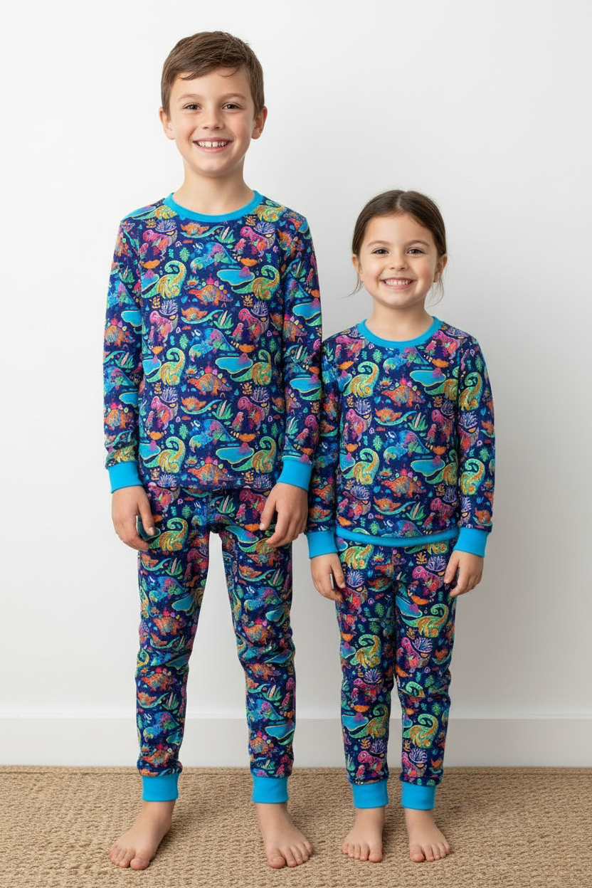 A boy and a girl stand barefoot indoors wearing matching long-sleeve pajama sets with a colorful dinosaur print on a blue background. The pajamas have bright blue trim at the collar, cuffs, and ankles.