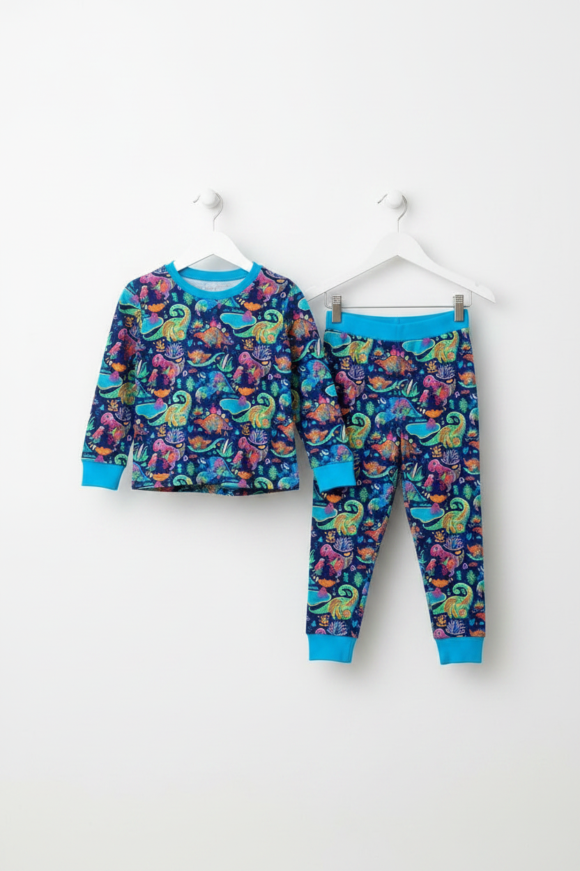 Kids colourful dinosaur PJs– handmade baggy fit | Snazzy Sproglets