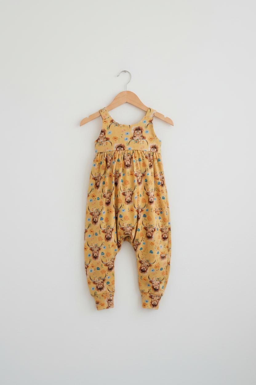 Kids highland cows boho romper on hanger – handmade | Snazzy Sproglets