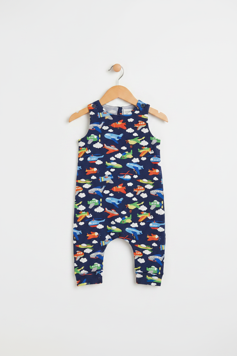 A baby romper in navy blue with an all-over colorful airplane print, hanging from a wooden hanger against a plain light gray background. Snazzy Sproglets