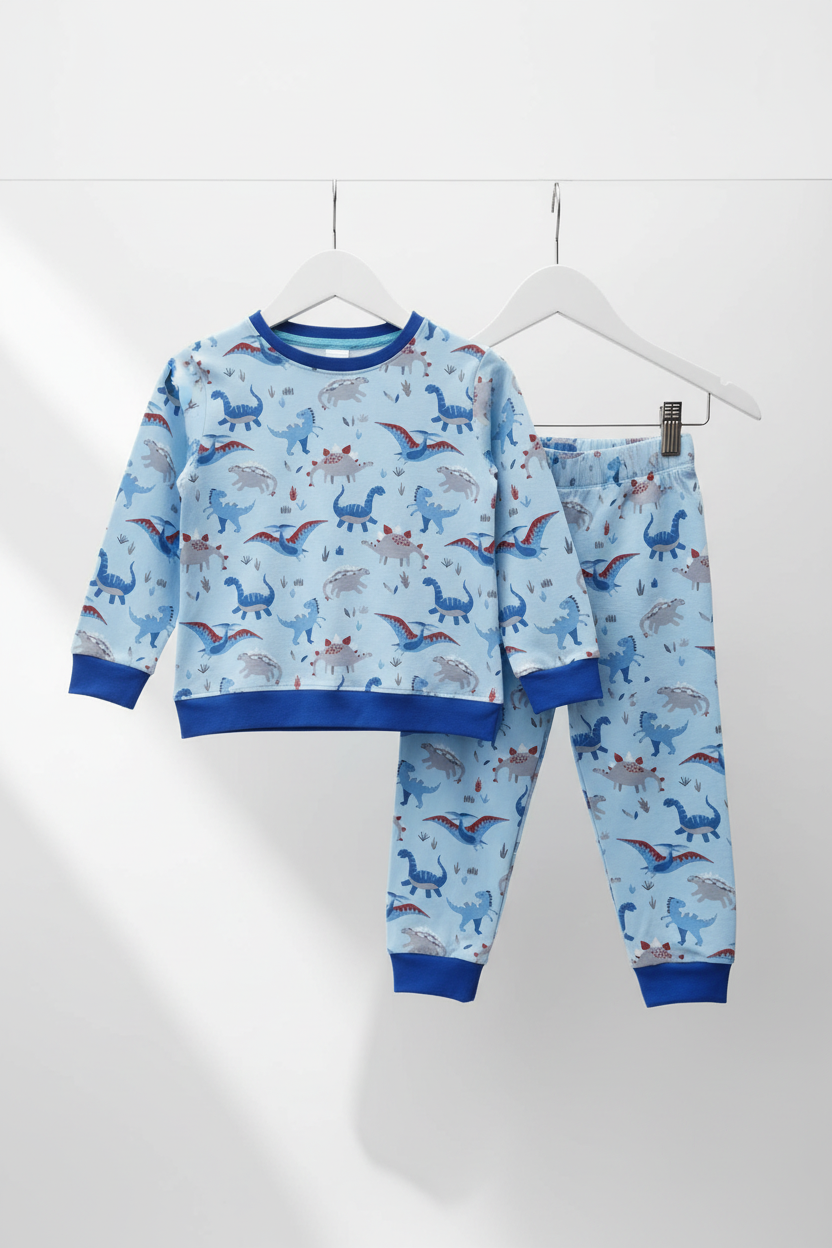 A two-piece children's pajama set hanging on white hangers against a light gray wall. The set includes a long-sleeve top and matching pants in light blue with a colorful dinosaur print and solid blue ribbed cuffs, collar, and hem. Snazzy Sproglets