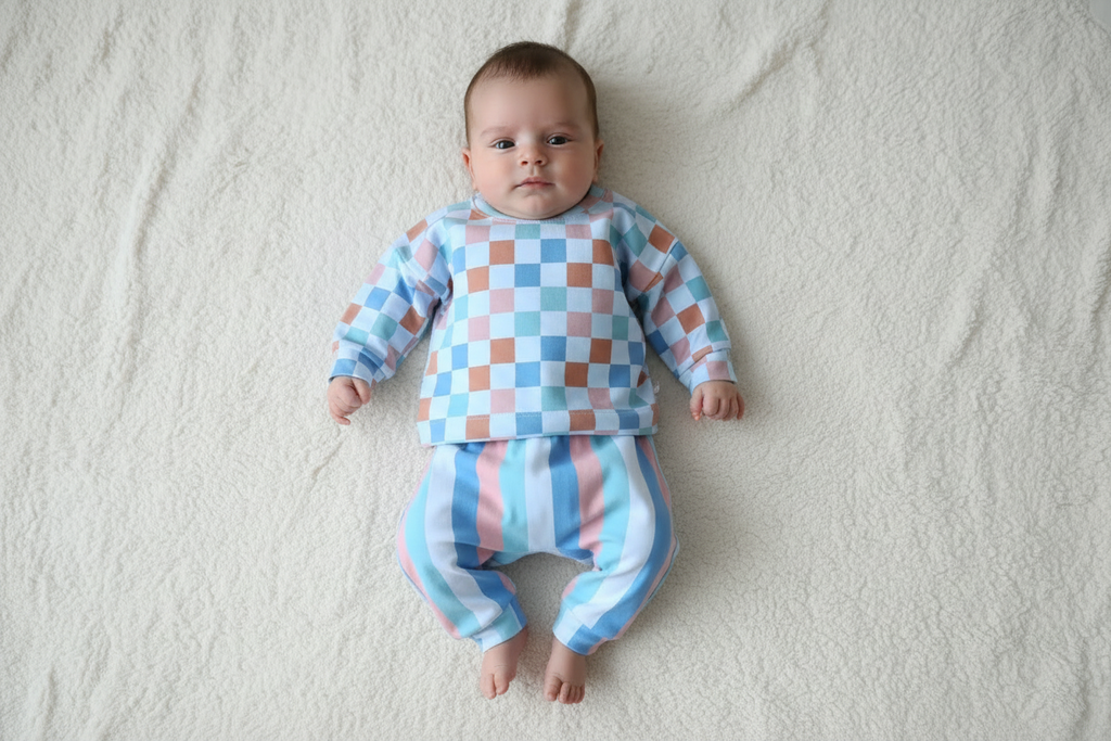Baby wearing a checkered outfit lying on a white blanket