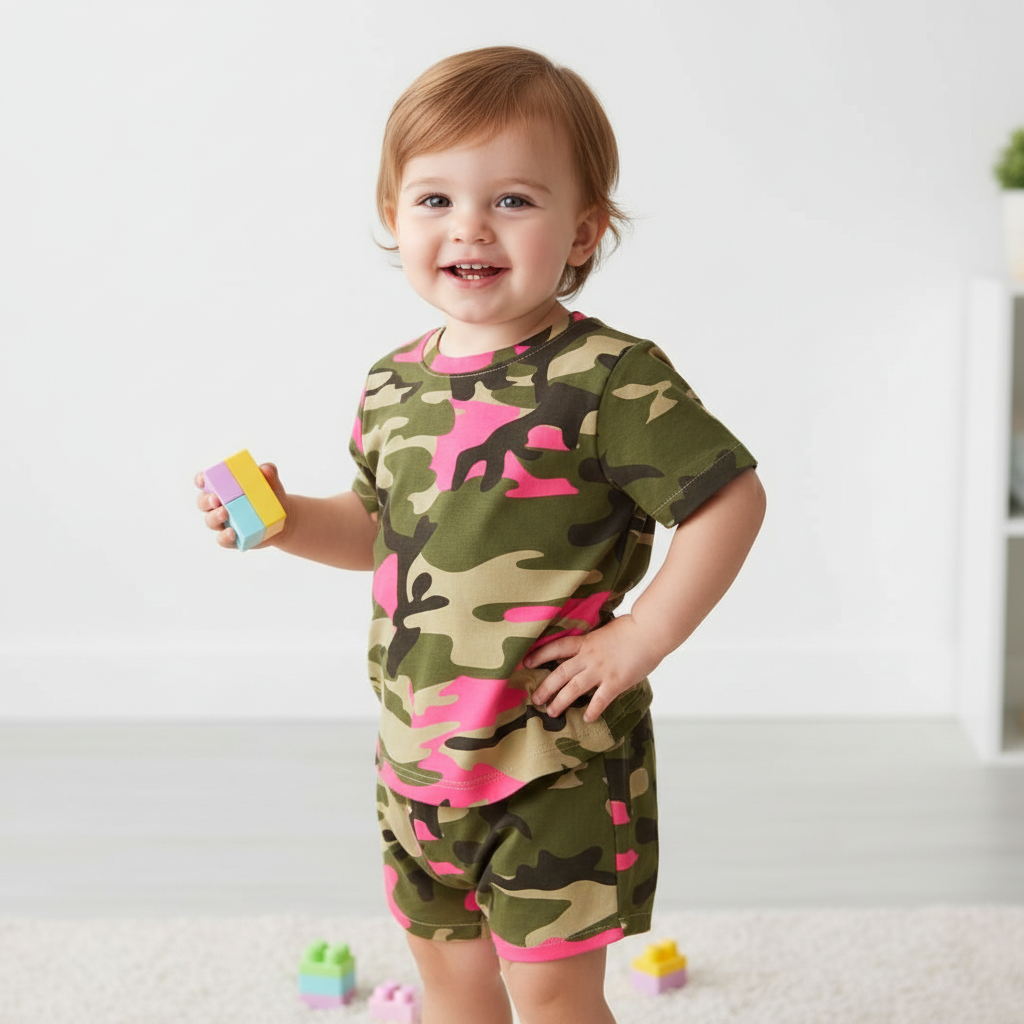 Child wearing a colorful camouflage outfit holding a toy on a white background
