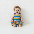 Kids rainbow stripe boho romper – handmade baggy fit | Snazzy Sproglets