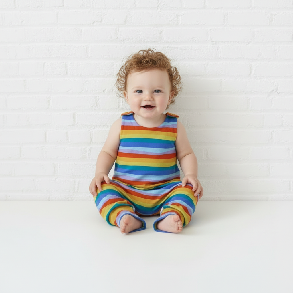 Kids rainbow stripe boho romper – handmade baggy fit | Snazzy Sproglets