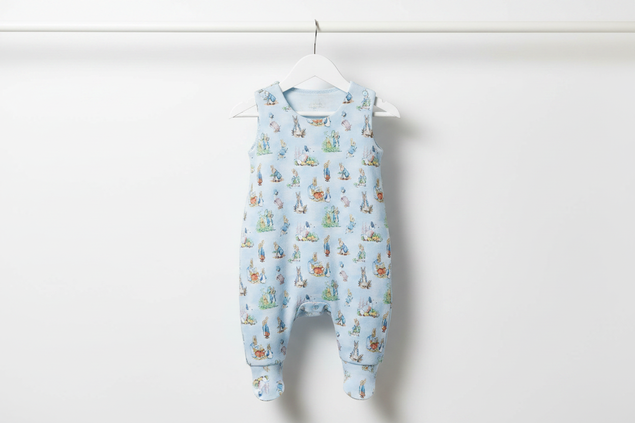 A light blue baby romper with an all-over Peter Rabbit print, hanging on a white hanger against a plain white wall. Snazzy Sproglets