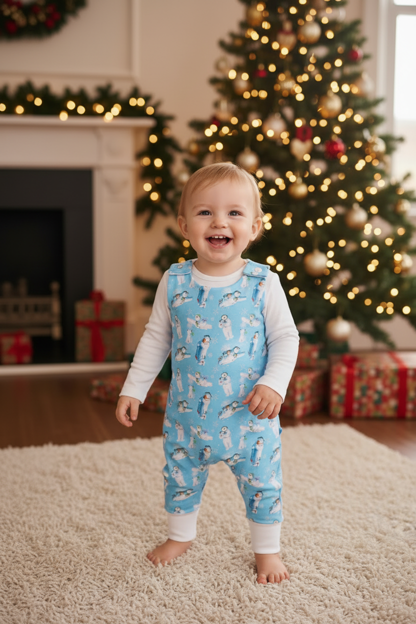 A smiling toddler stands barefoot on a cream shag rug in front of a decorated Christmas tree and fireplace. The child is wearing light blue overalls covered in a white penguin print, layered over a white long-sleeve shirt.