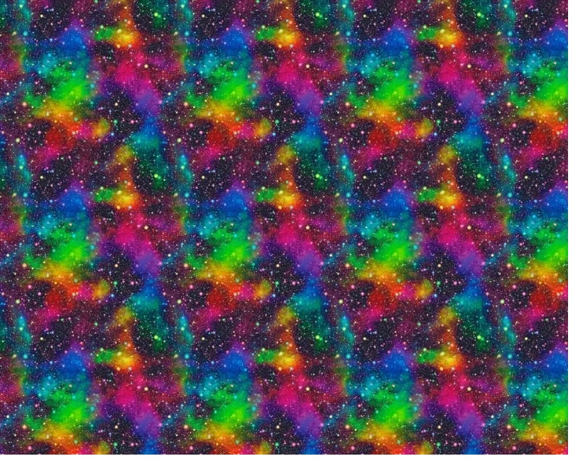 multicolor psychedelic pattern with swirling rainbow hues and small white stars on a dark background.