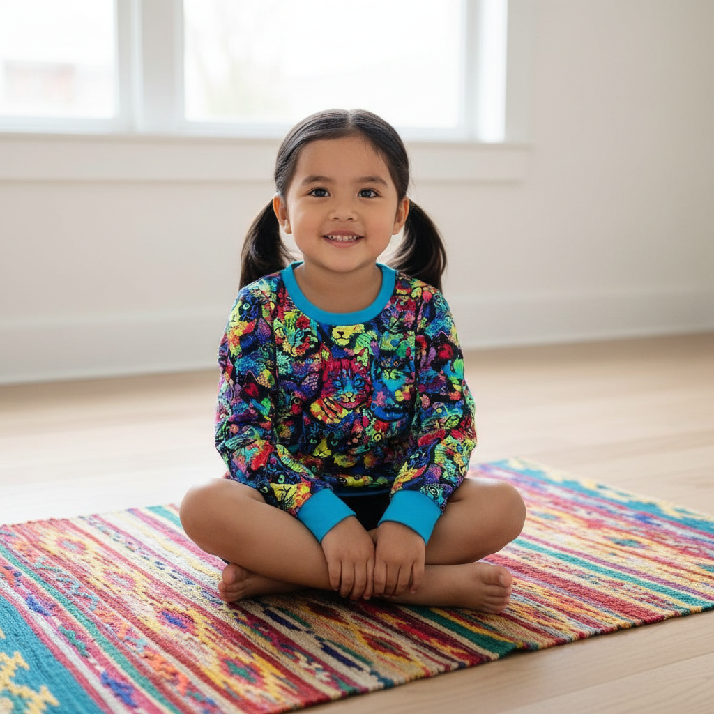 Child sitting on a colorful rug indoors
