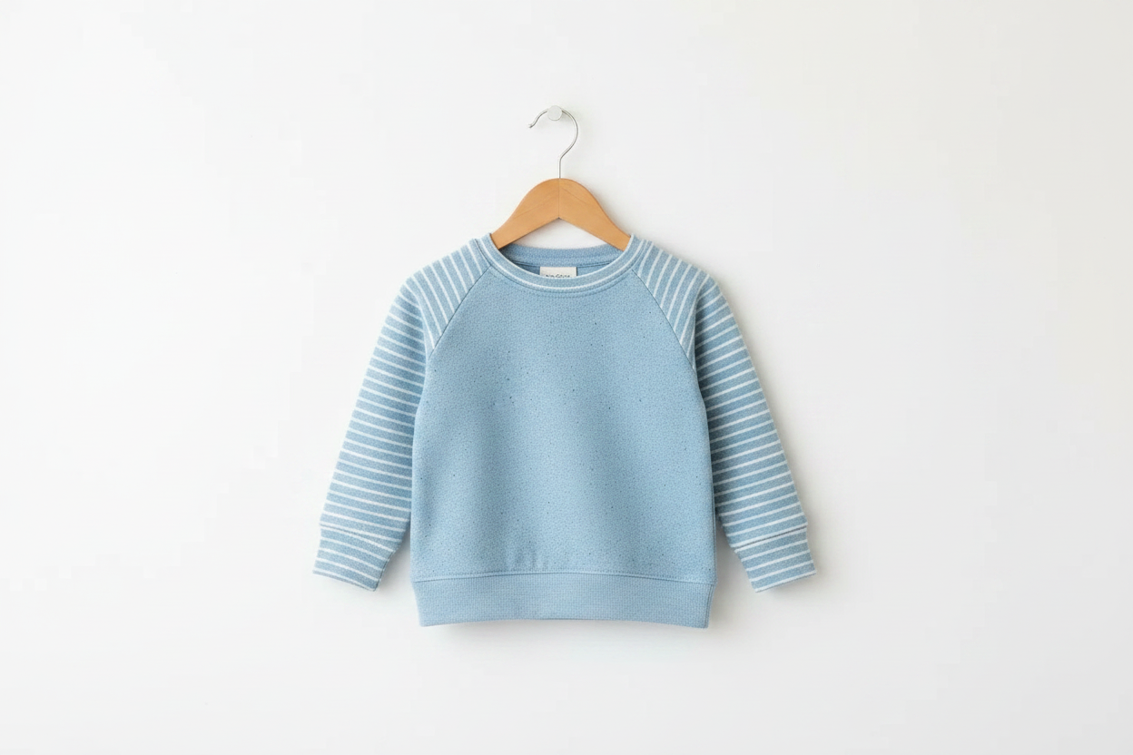 A light green children's long-sleeve sweatshirt with white horizontal stripes on the sleeves, hanging on a wooden hanger against a plain white wall. Snazzy Sproglets