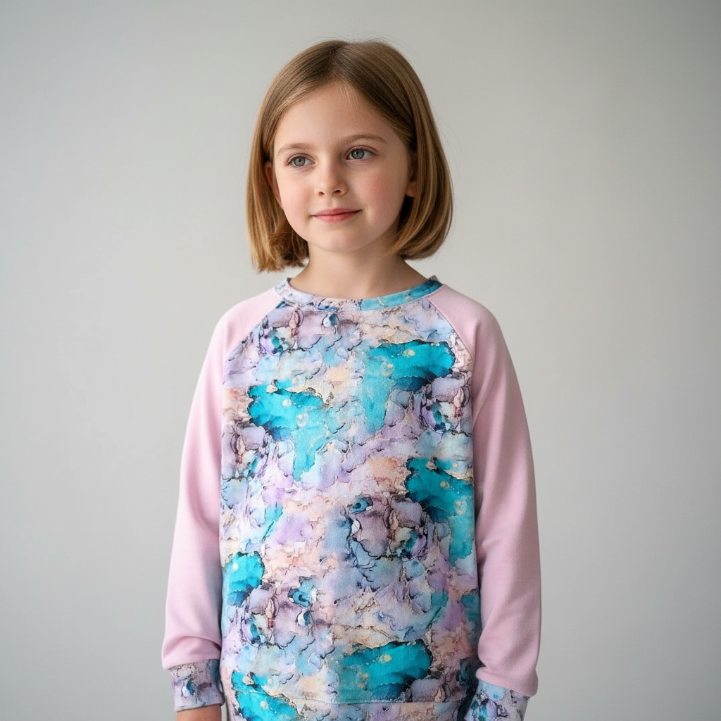 Young girl wearing a colorful marble-patterned shirt with pink sleeves against a plain background