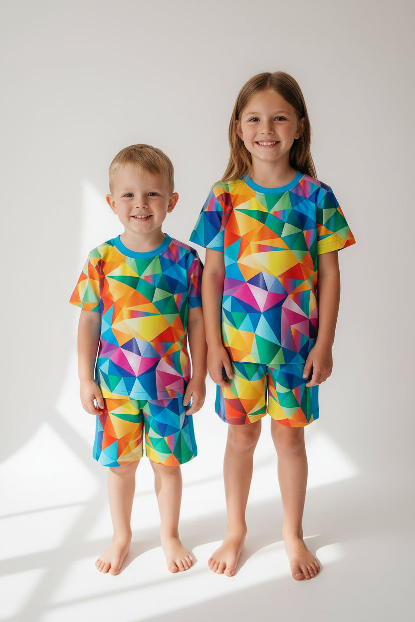 A two-piece kids'  set featuring a short-sleeve top and matching pants with a vibrant multicolor geometric triangle pattern, laid flat on a neutral gray textured surface.