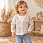 A toddler stands in a softly styled nursery wearing a cream cardigan with a beige animal print pattern, a white undershirt, and light blue jeans.