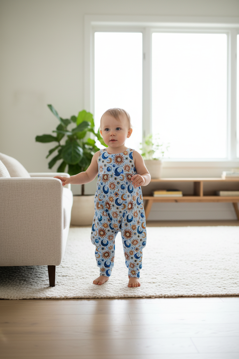 Baby in a celestial patterned onesie standing in a living room.